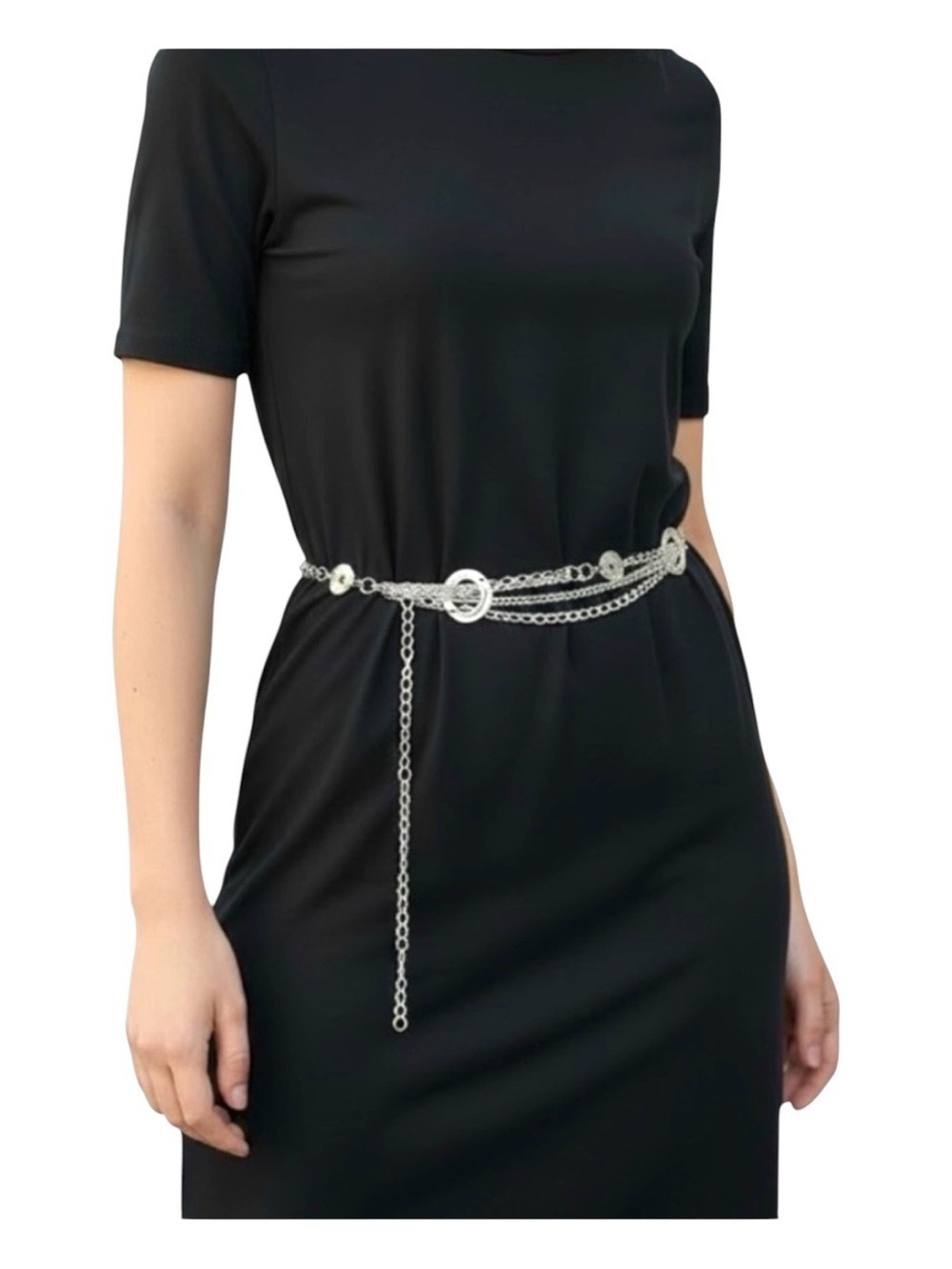 Silver Multi-Layered Chain Belt With Circular Accents Y2K Style Adjustable Lengt